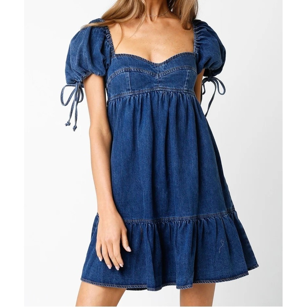 Abovo Denim Babydoll Mini Dress Women S Blue Puff Sleeves Cottagecore Coastal